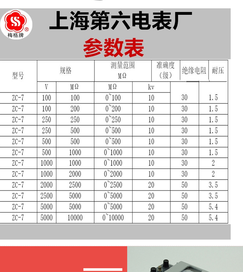 上海第六电表厂梅格牌500V绝缘摇表兆欧表 ZC-7 绝缘电阻C测试ZC7