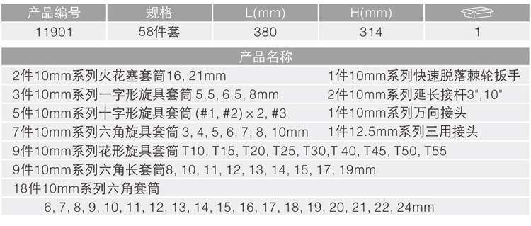 卡尔 11901 58件套10mm系列套筒