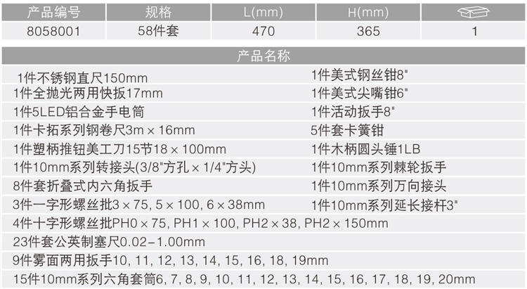 卡尔 8058001 58件套机械设备维修组套