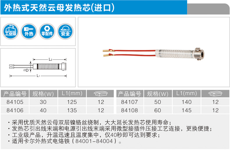 卡尔 84106 工业级外热式自然云母发热芯40W(入口)