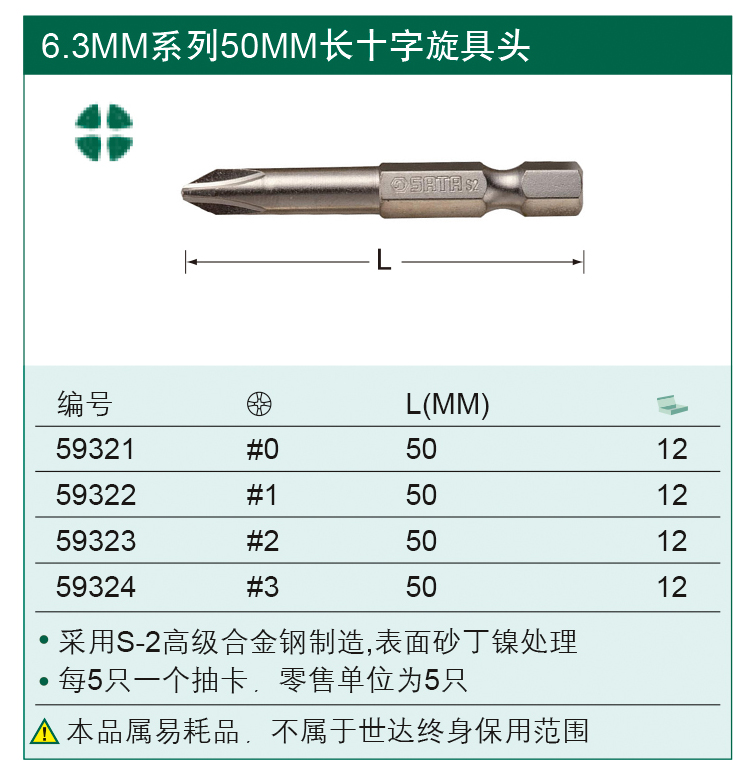 世达 59322 5件套6.3MM系列50MM长十字旋具头#1