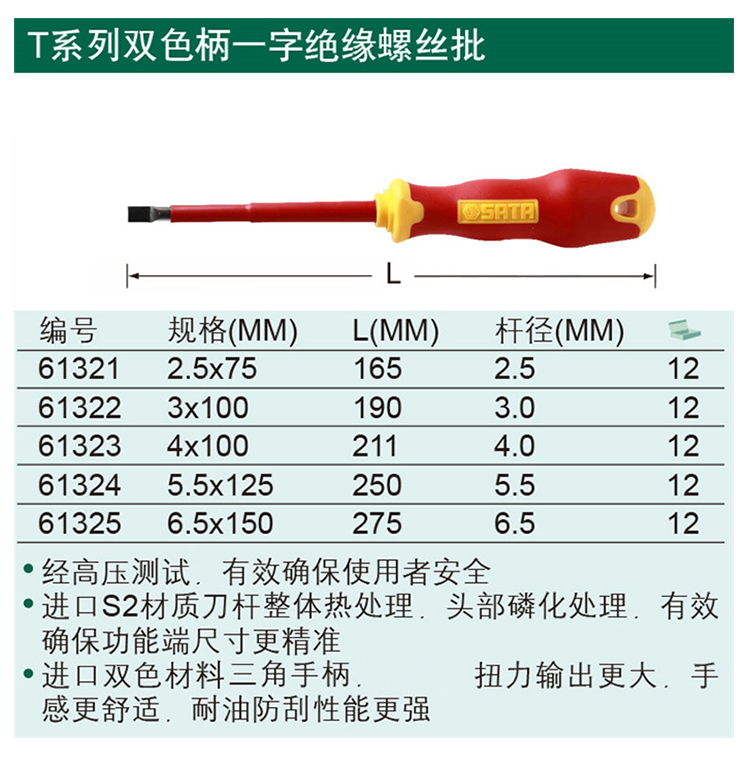 世达 61313 G系列双色柄一字绝缘螺丝批4x100MM