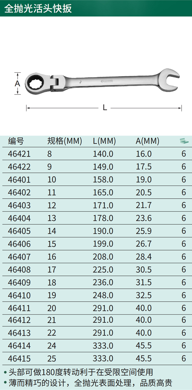 世达 46422 全抛光活头快扳9MM