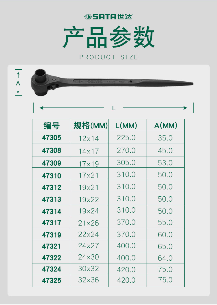 世达 47322 双口尖尾棘轮扳手24x30MM