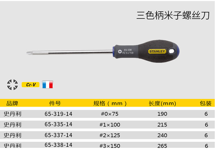 史丹利 65-207-14 三色柄十字螺丝批PH1x100mm