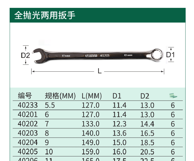 世达 40204 全抛光两用扳手9MM