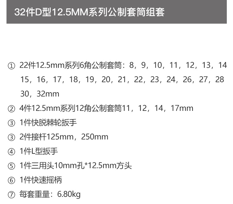 威达 W07022 12.5mm系列套筒组套32pcsC型铁盒