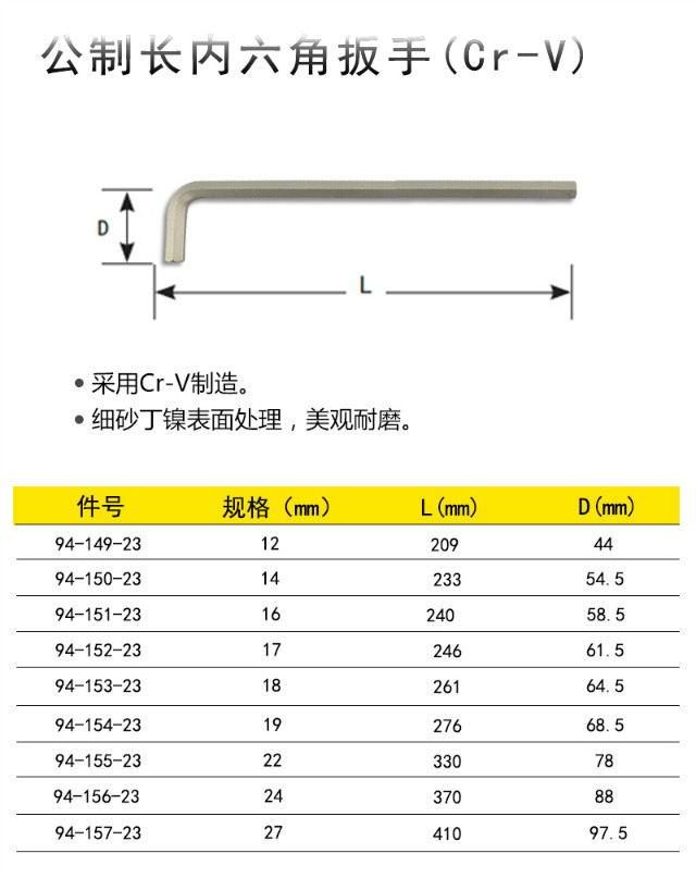 史丹利 94-149-23 公制长内六角扳手(Cr-V)12mm