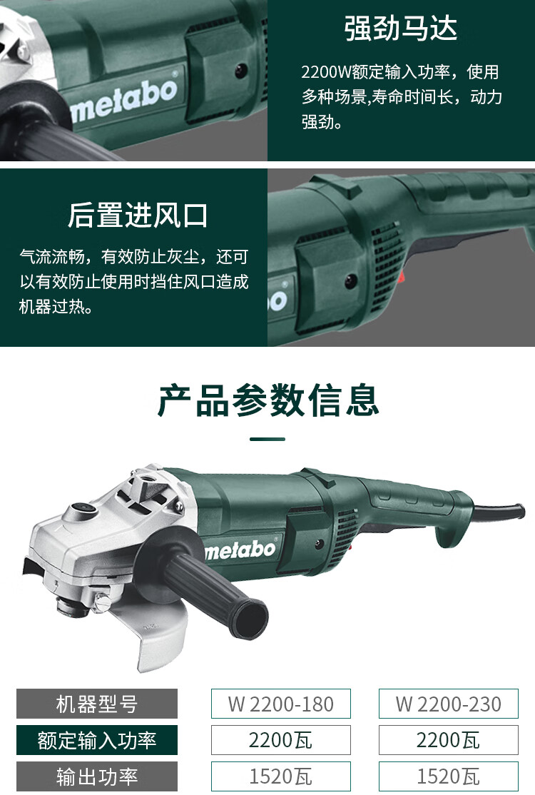 麦太保Metabo W2200-180 180毫米角磨机 角向磨光机