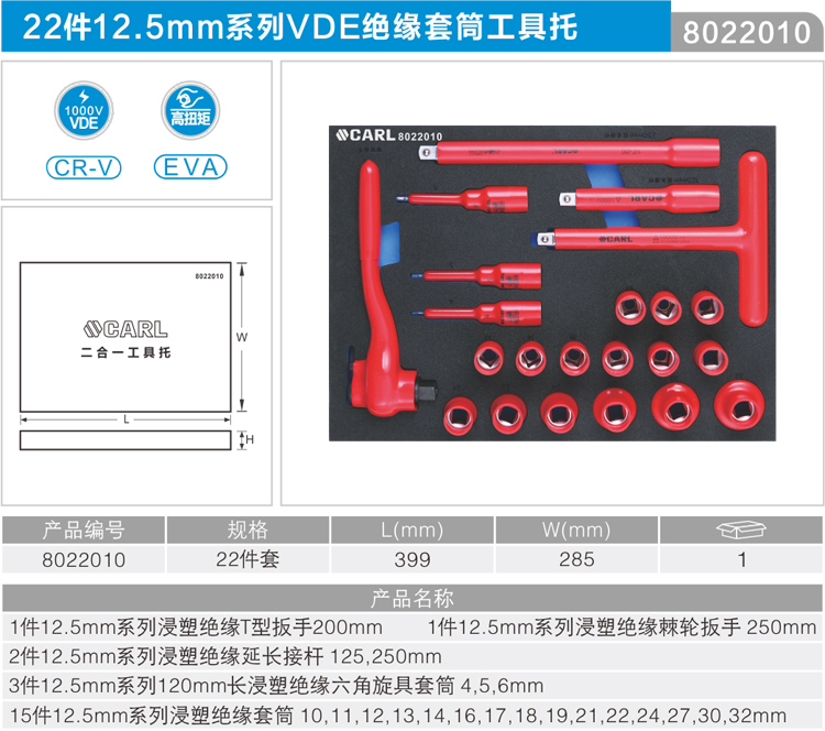卡尔8022010工具22件12.5mm系列VDE绝缘套筒工具托
