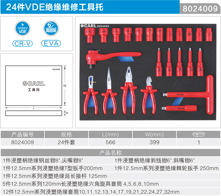 卡尔8024009 24件VDE绝缘维修工具工具托